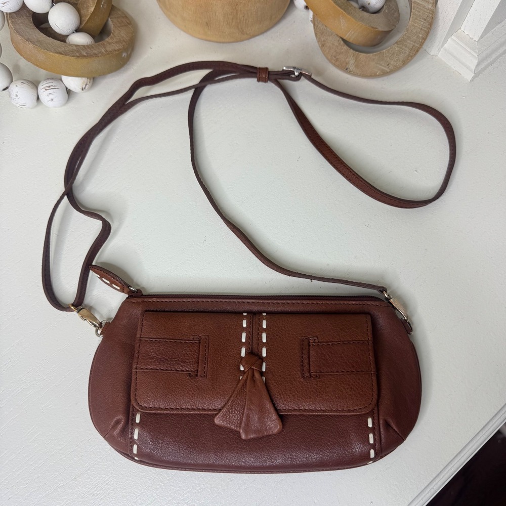 Brighton Brown Leather Crossbody Bag Tassel Whipstitch Floral Lining